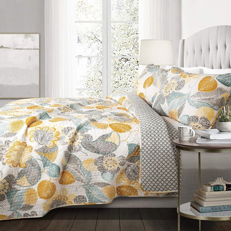 QuikFurn Full/Queen 3 Piece Reversible Yellow Grey Teal Floral Leaves Cotton Quilt Set image number 2