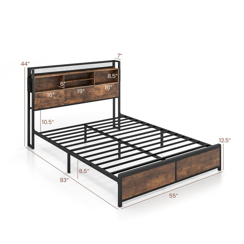Bed Frame with 3-Tier Bookcase Headboard and Charging Station