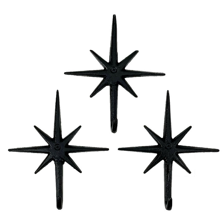 Set of 3 Black Finish Cast Iron 8-Pointed Atomic Starburst Wall Hooks - Mid-Century Modern Elegance - Easy Install - Perfect for Vintage and Eclectic Decor