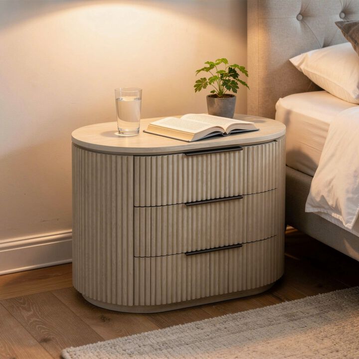 Dery Nightstand with USB Ports, 3 Ribbed Front Drawers, Light Oak Brown
