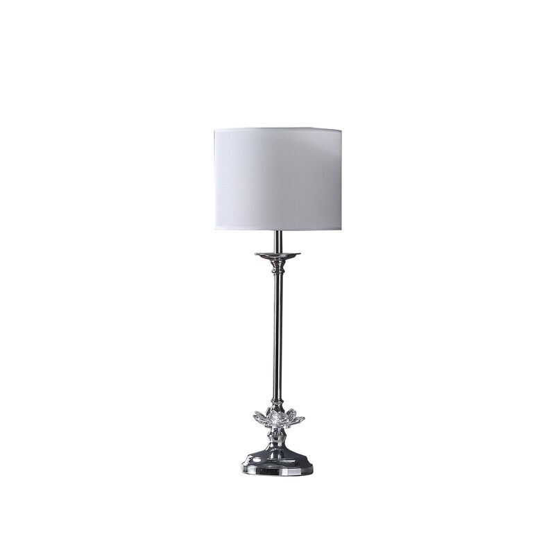 HomeRoots 26" Silver Metal And Faux Crystal Table Lamp With White Cylinder Shade image number 2