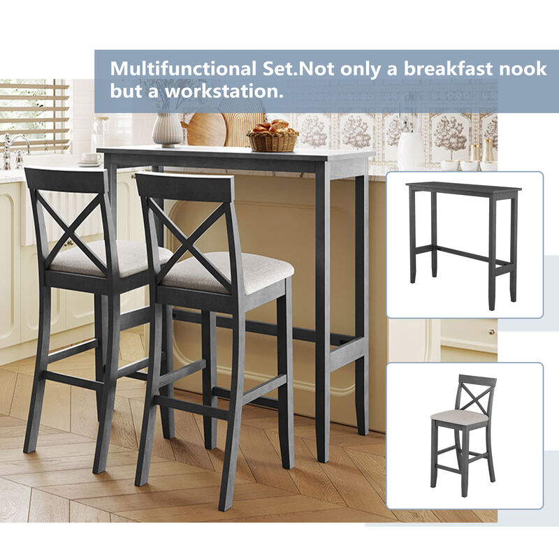 Merax Rectangular Wood Bar Height Dining Set Kitchen Breakfast Nook with 2 Chairs for Small Places