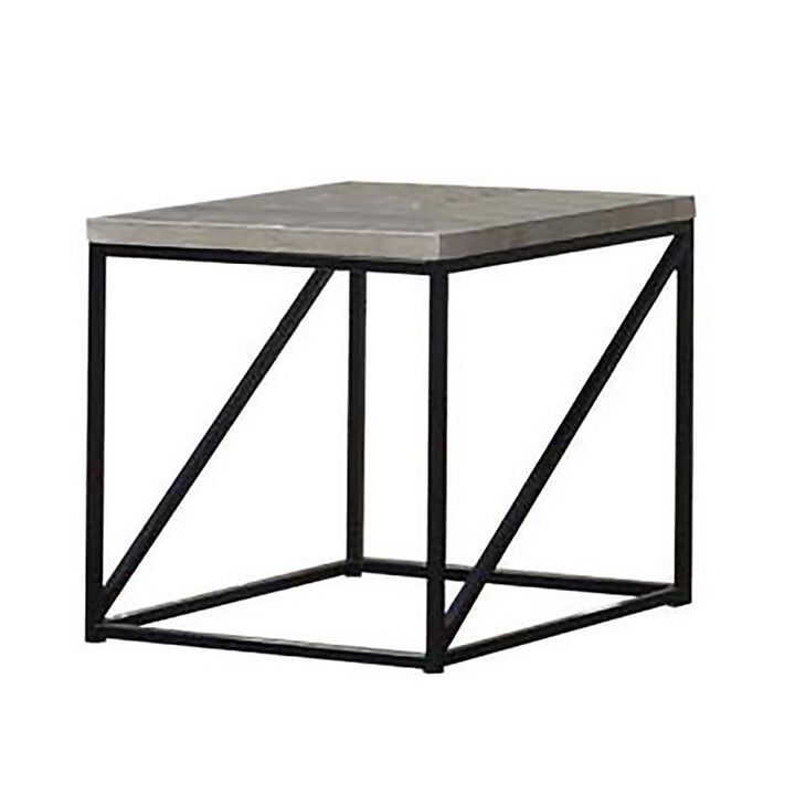 Industrial Style Minimal End Table With Wooden Top And Metallic Base, Gray-Benzara