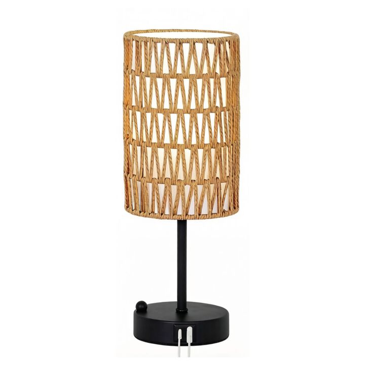 ELEMENT ACE 3-Way Dimmable Touch Control Table Lamp with USB-A + USB-C Charging Ports, Rattan & Linen Shade, Phone Stand for Bedroom, Nightstand, Living Room, Office