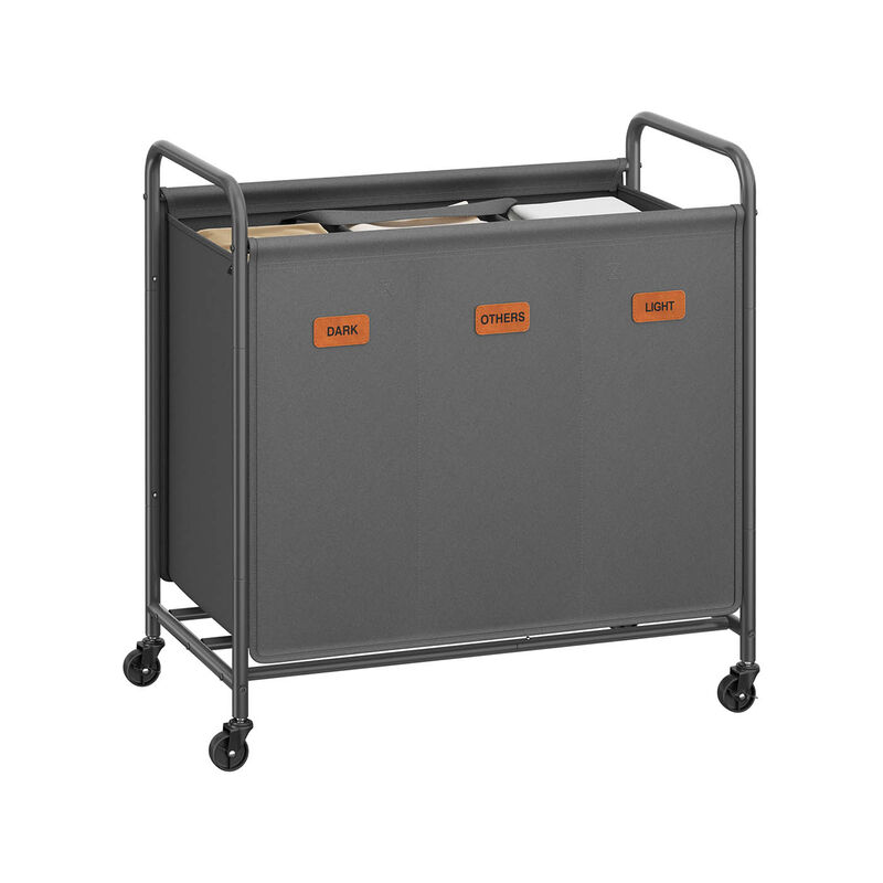 Large 3-Compartment Laundry Cart with Wheels – 44.9 Gal Slate Gray Hamper for Home or Dorm
