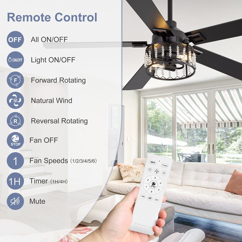 Breezary 52" Crystal Ceiling Fan with Lights, 2-Light E26 Base, DC Motor, 6-Speed Remote, Reversible Grain Blades, Quiet image number 4
