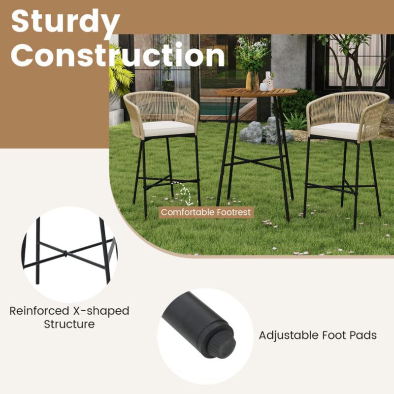 Hivvago 3 Pieces Rope Woven Patio Bar Set with Soft Cushions and Acacia Wood Tabletop