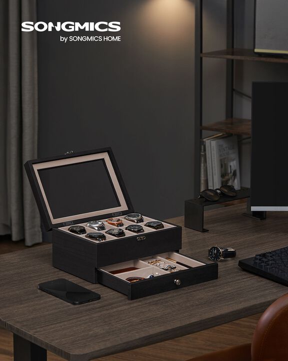 Black Solid Wood Watch Box with Pillows and Glass Lid - Perfect for Men