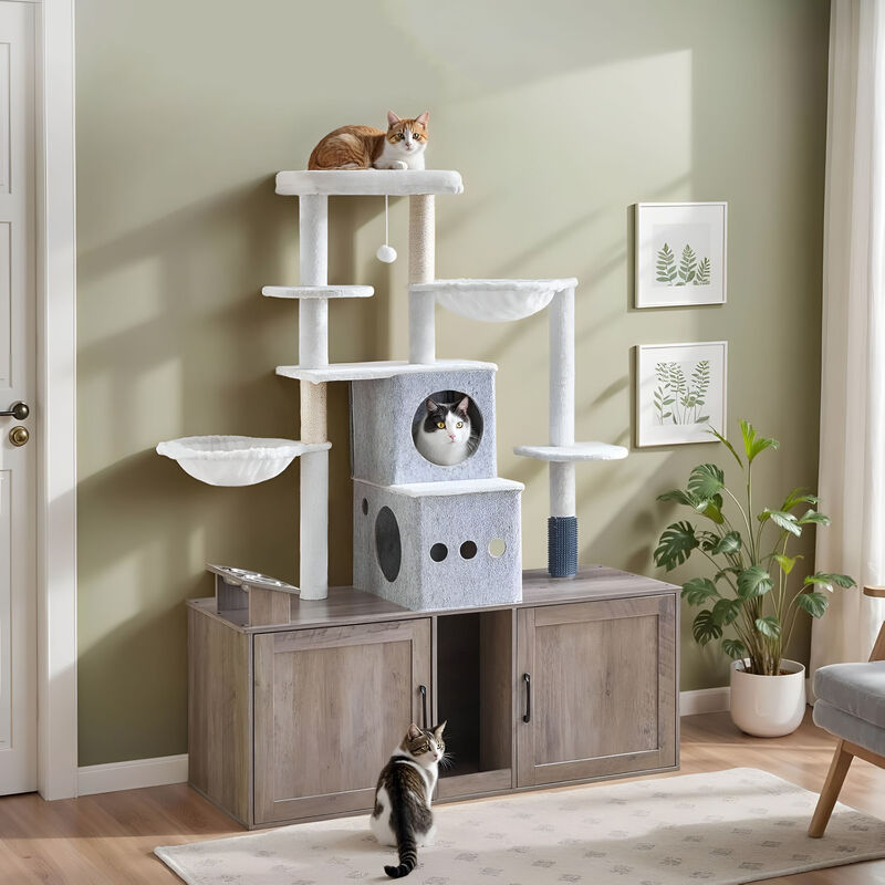 Multi-Level Cat Tree with Dual Litter Box Storage and Play Platforms-Greige image number 1