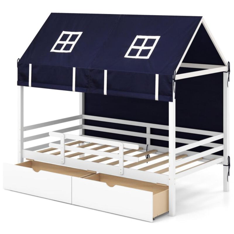 Hivvago Twin House Bed with Tent and 2 Storage Drawers for Kids