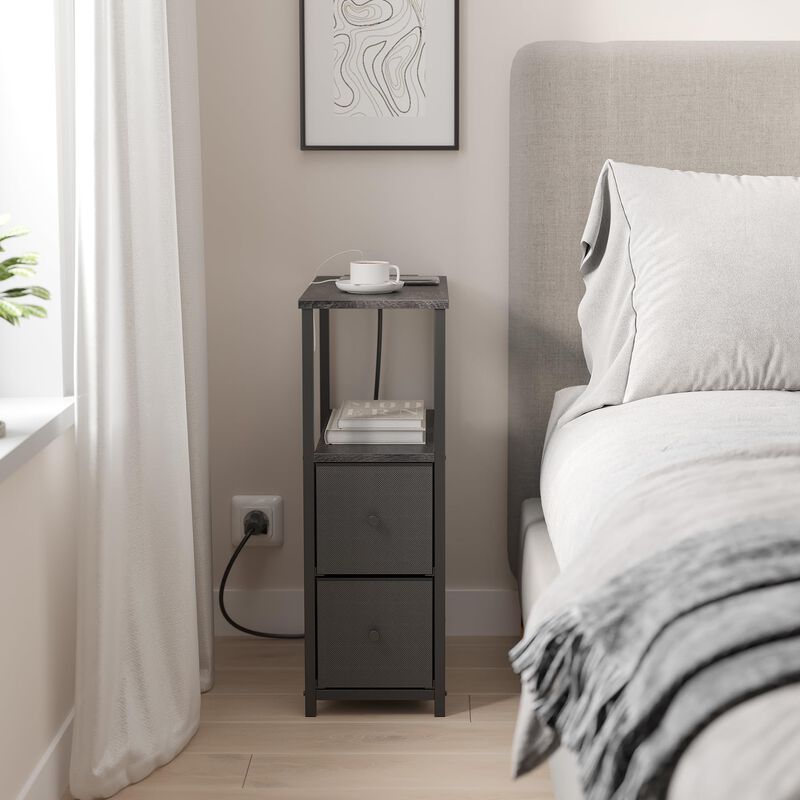 TUTOTAK Small Narrow LED End Table with Charging Station, Side Table Outlets, Nightstand with 2 Cloth Drawers, Set of 2, Couch T