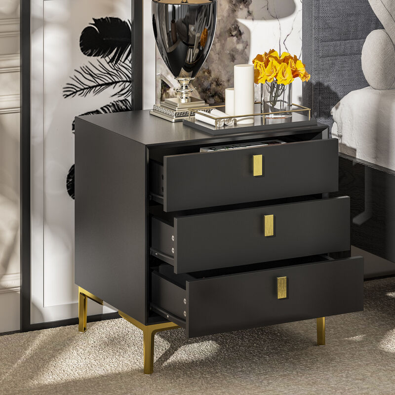 3-Drawer Black Nightstands Side End Table With Gold Metal Legs For Living Room, Bedroom