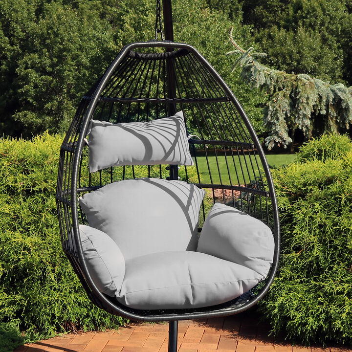 Sunnydaze Black Resin Wicker Hanging Egg Chair with Cushions - Gray