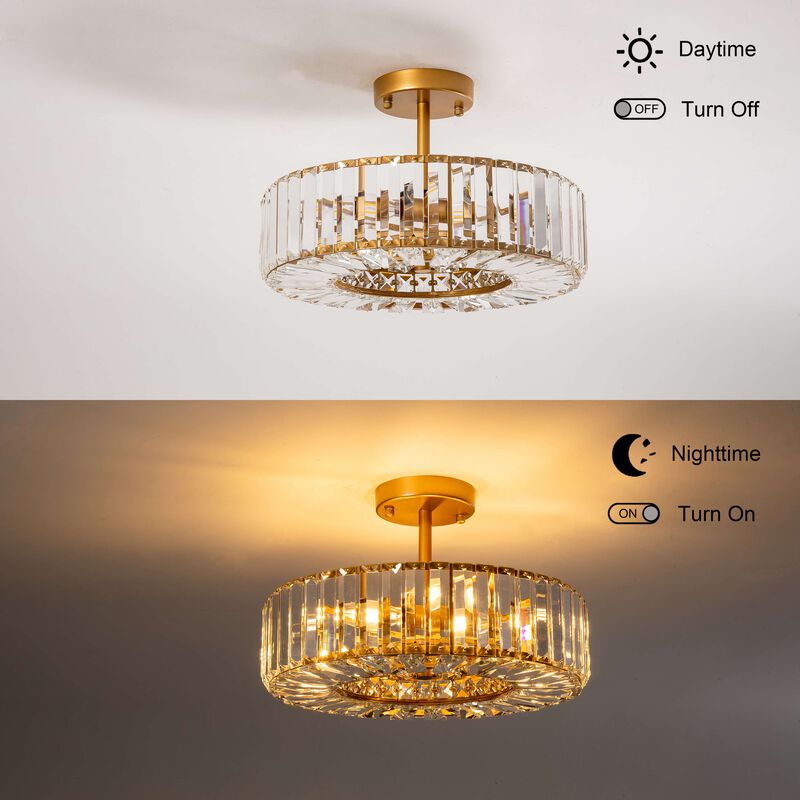 Sonia 15" 4- Light Clear Crystal Glass Round Drum Semi-Flush Mount - Low-gloss Warm Brass Finish image number 7