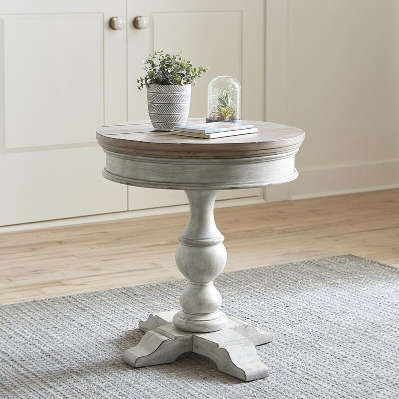 Liberty Furniture Heartland Round Pedestal Chair Side Table in Antique White w/ Tobacco Top image number 1