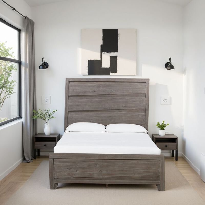 Vero Queen Size Bed, Roughhewn Washed Brown Wood, Asymmetric Panel Design - Benzara