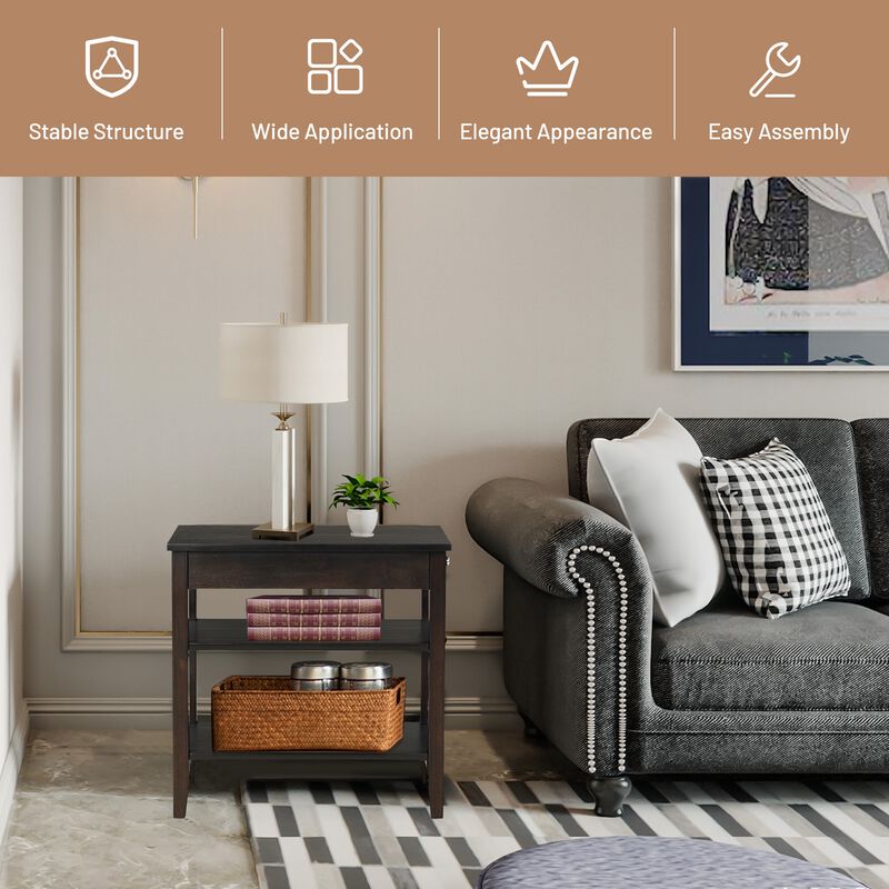 End Table with Drawer and 2-Tier Open Storage Shelves for Space Saving