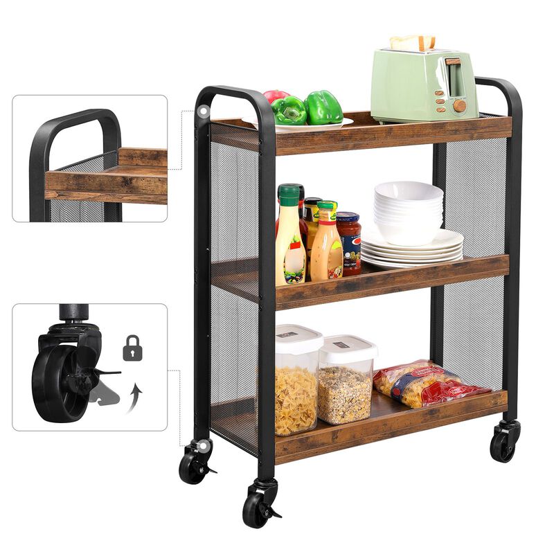 Rustic Brown Rolling Cart Slim Kitchen Cart for Narrow Spaces, Easy Assembly with Casters for Kitchen and Bathroom