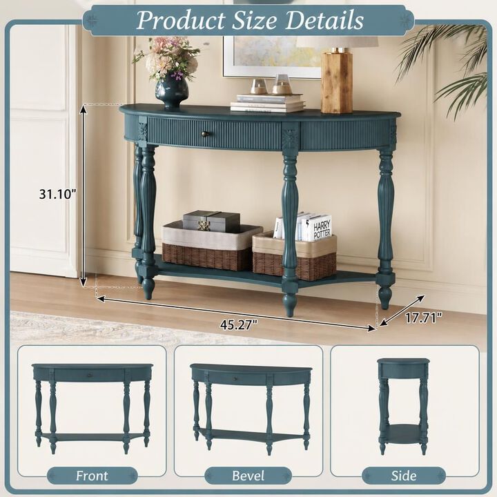 GOODSILO Solid Wood Half Moon Console Table with Drawer and Open Shelf, Fluted Vintage Curved Entryway Table for Narrow Hallway Living Room Foyer