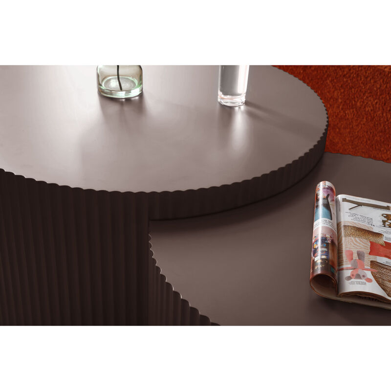Handcrafted Relief MDF Nesting Table Set of 2, Round and Half Moon Shapes, Brown, No Need Assembly image number 3
