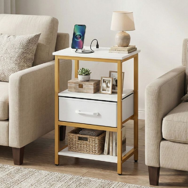 Nightstand with Built in Charging Station and Adjustable Fabric Drawer for Home-White image number 4