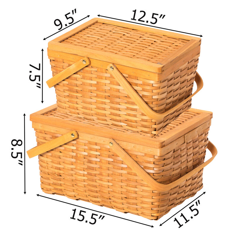 Woodchip Picnic Storage Basket with Cover and Movable Handles, Set of 2