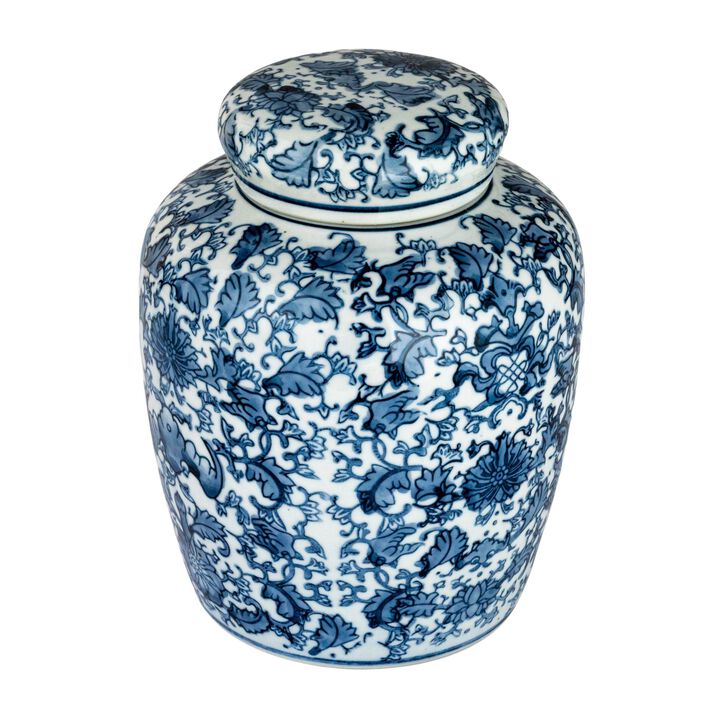 Medium Decorative Ceramic Ginger Jar with Lid, Blue and White Floral Pattern