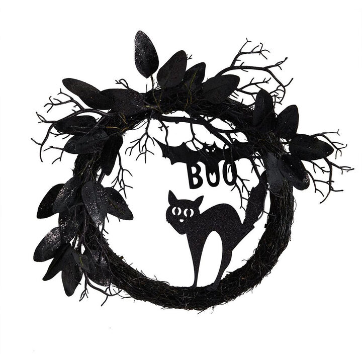 Nearly Natural 22-in Halloween Black Cat and Bat Boo Twig Wreath