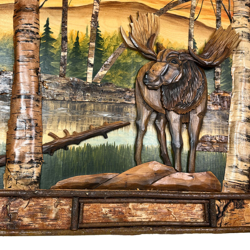 Rustic Moose Birch Forest Wood Wall Sculpture 28.75x36.5 Brown Glossy image number 3