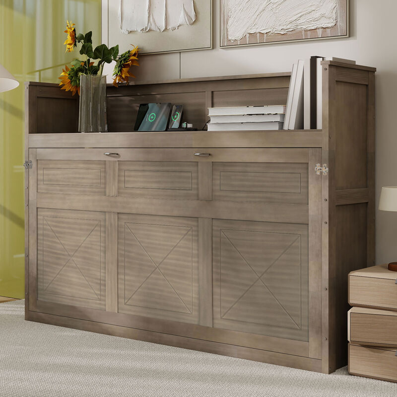 Merax Murphy Bed with Desk,LED Light and USB Charging Station