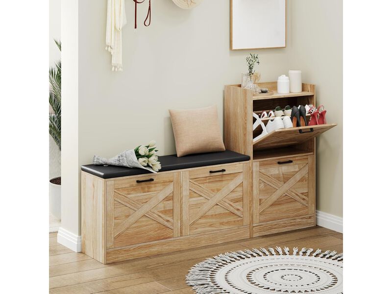 Slim Entryway Wood Shoe Storage Bench Flip Drawer 4 Drawers image number 1