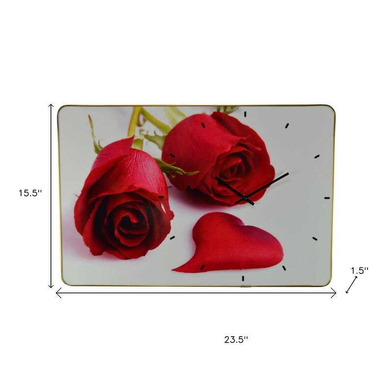 HomeRoots 24" Red White And Gold Solid Wood and Acrylic Silent Roses Floral Wall Clock image number 4