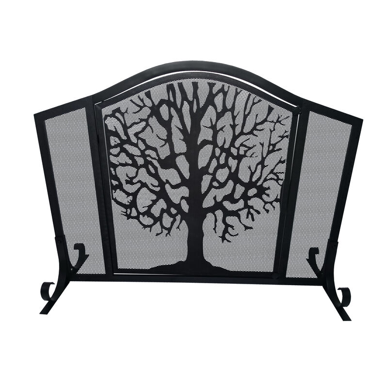 43 Inches 3 Panel Iron Fireplace Screen, Mesh Design, Arched Top, Tree of Life Art, Black-Benzara
