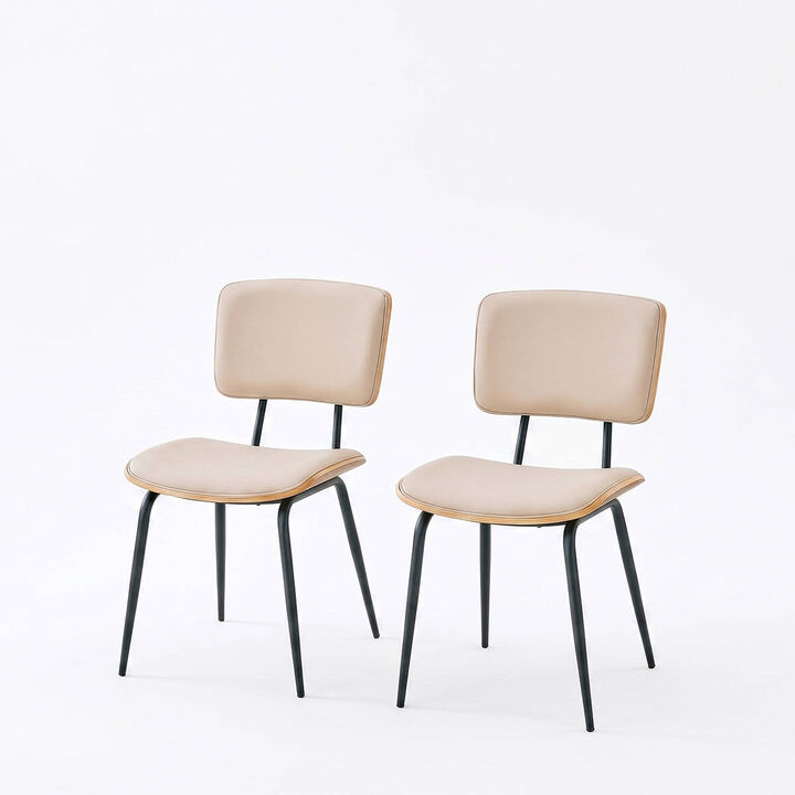 Set of 2 Dining Chairs Faux Leather Open Back Walnut Veneer Back Dining Chairs Metal Legs Leveling Feet