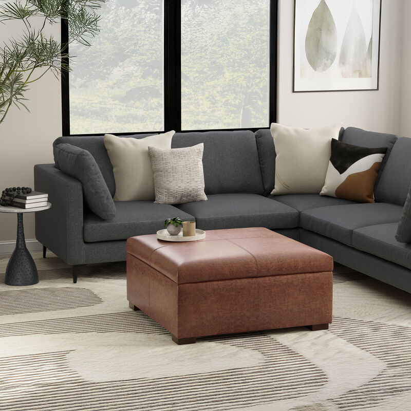 Gabbie 36 inch Wide Contemporary Square Square Coffee&nbsp;Table Storage Ottoman in Distressed Saddle Brown  Vegan Faux Leather, Assembled image number 2