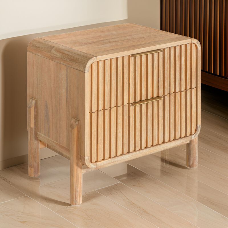 Cid Tori 24 Inch Nightstand, 2 Fluted Drawers, Gold Metal Handles, Brown - Benzara image number 1