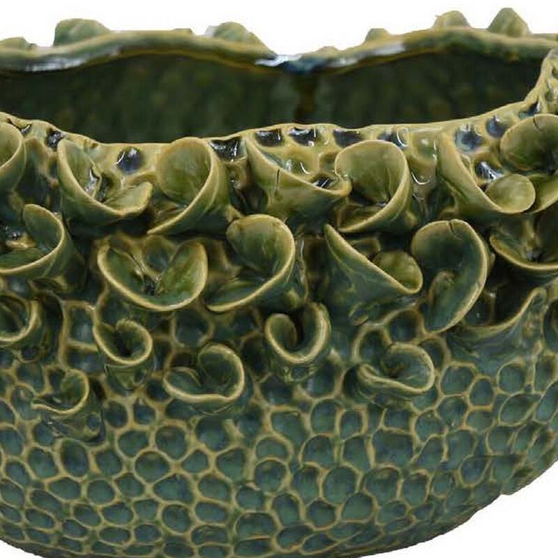 Nina Decorative Bowl, Textured Green Ceramic, Abstract Floral 13 Inch - Benzara