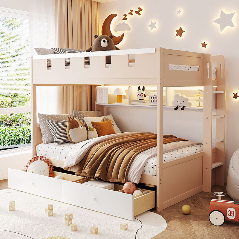 Merax Castle Style Loft Bed with LED Nightlight, Storage Shelves & Under-Bed Drawers image number 2
