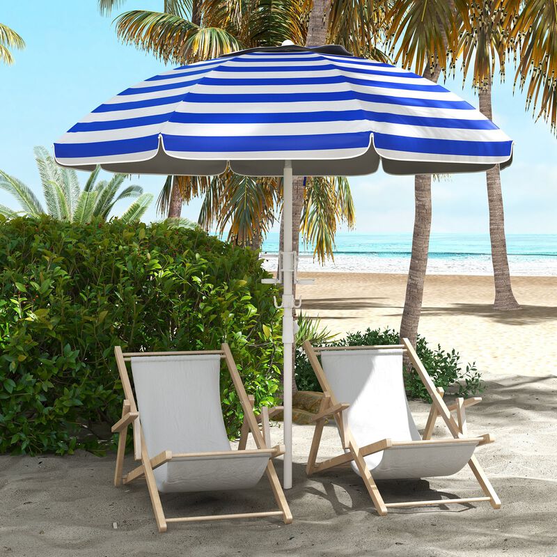 Outsunny 5.7' Portable Beach Umbrella with Tilt, Adjustable Height, 2 Cup Holders, Hook, Ruffled Outdoor Umbrella with Vented Canopy, Blue White Stripe