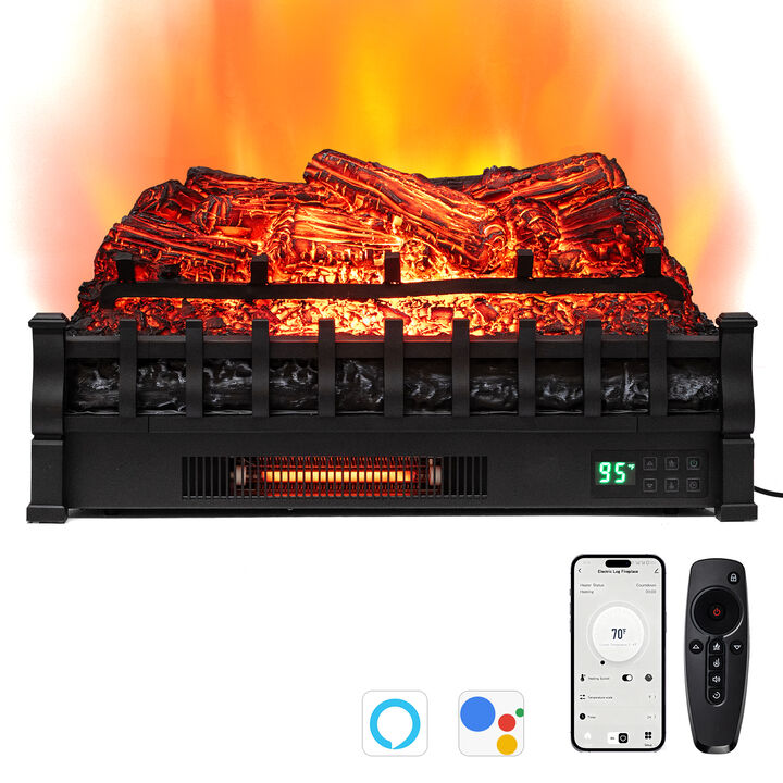 Electric Fireplace Insert WiFi Controlled with Infrared Quartz and Pinewood Logs-Black