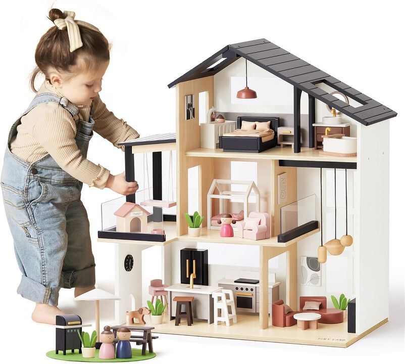 Wooden Doll House, Modern Family Dollhouse with Realistic Design - 7 Rooms Dollhouse with 53 PCS Accessories, Montessori Pretend Play Toddler Toy