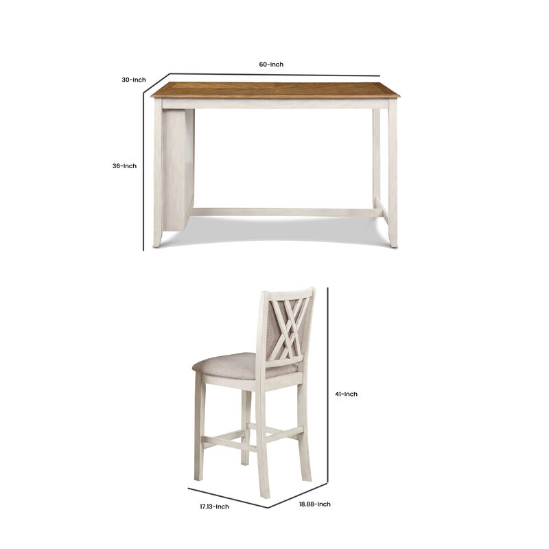 Han 60 Inch 5 Piece Counter Table Set with USB Ports, White and Brown