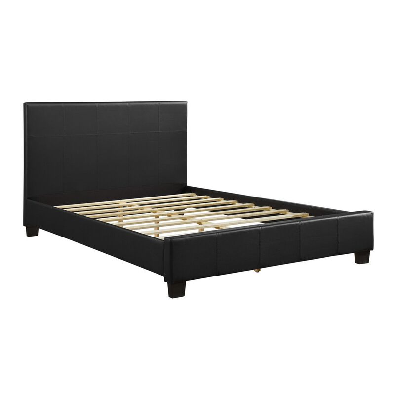 Renz Queen Size Platform Bed, Black Faux Leather Upholstery, Wood Frame - Benzara