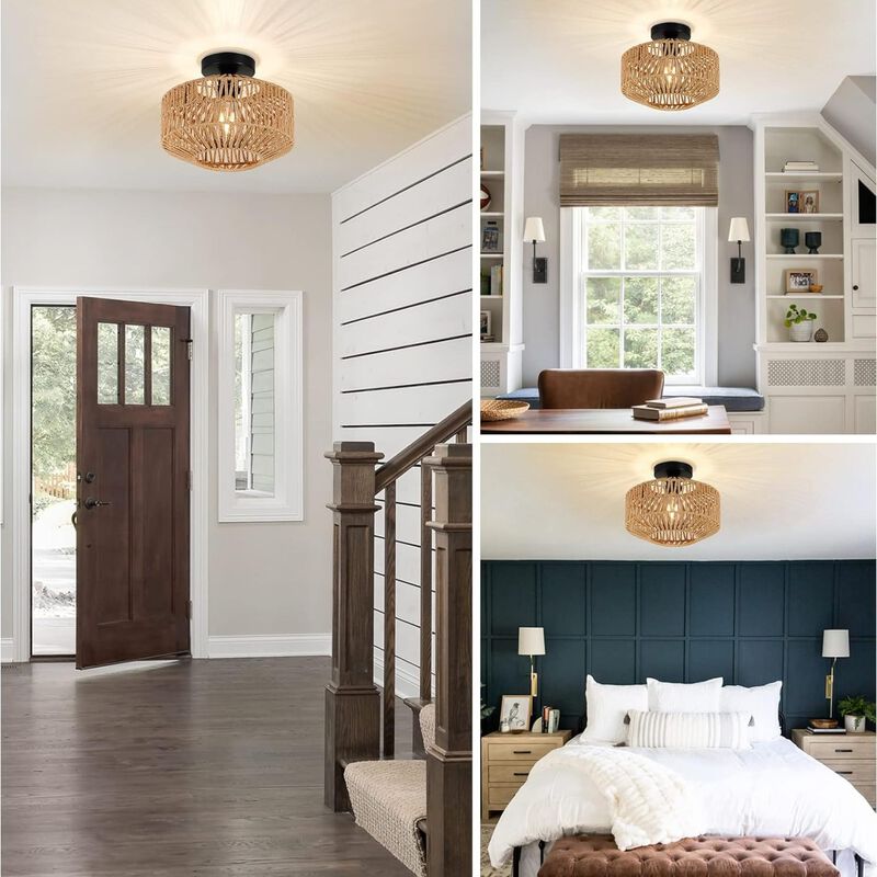 ELEMENT ACE Hand Woven Rattan Flush Mount Ceiling Light with Dimmable LED Bulb Boho Chandelier Fixture for Hallway Bedroom Kitchen Entryway Living Room image number 6
