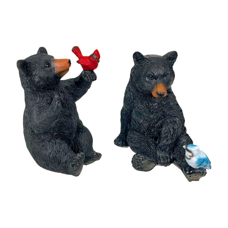 Set of 2 Black Bear Statues with Birds, 5&rdquo; Tall &ndash; Rustic Resin Animal Decor image number 0