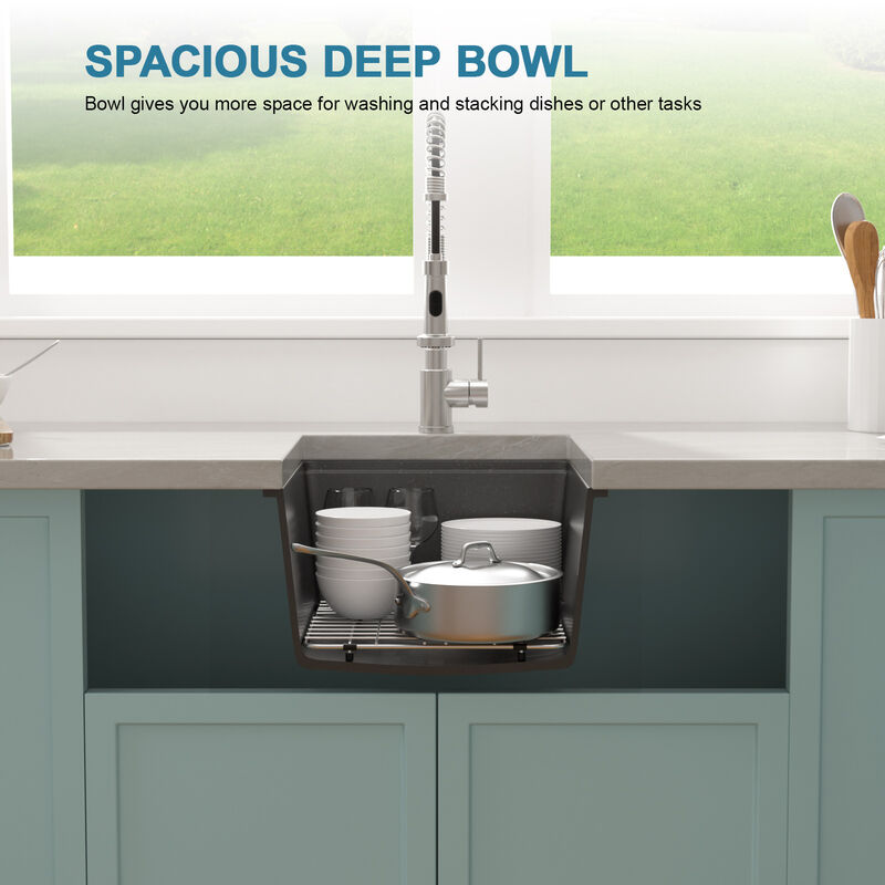 17 in. Undermount Single Bowl Workstation Black Quartz Composite Kitchen Sink Round Corner with Bottom Grid. image number 4