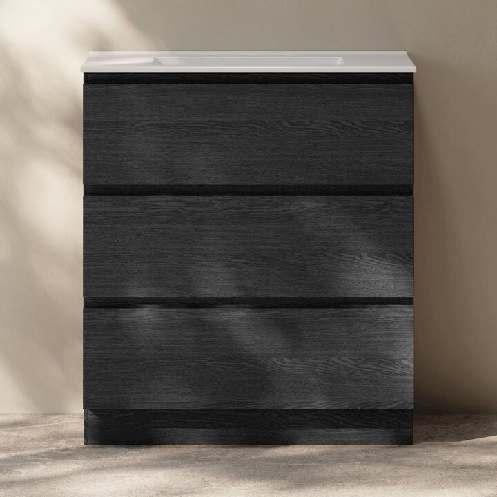 30" Freestanding Bathroom Vanity in Black Oak with 3-Hole Widespread Sink Top