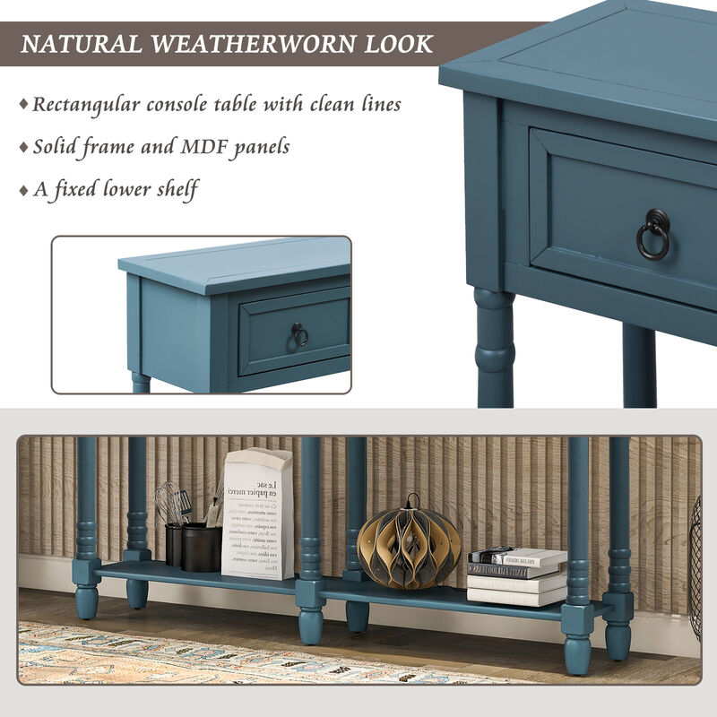 Console Table Sofa Table with Drawers and Long Shelf Rectangular Living Room Table Solid Wood (Navy)