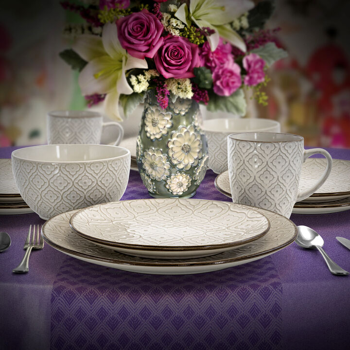 Elama White Lily 16 Piece Luxurious Stoneware Dinnerware with Complete Setting for 4