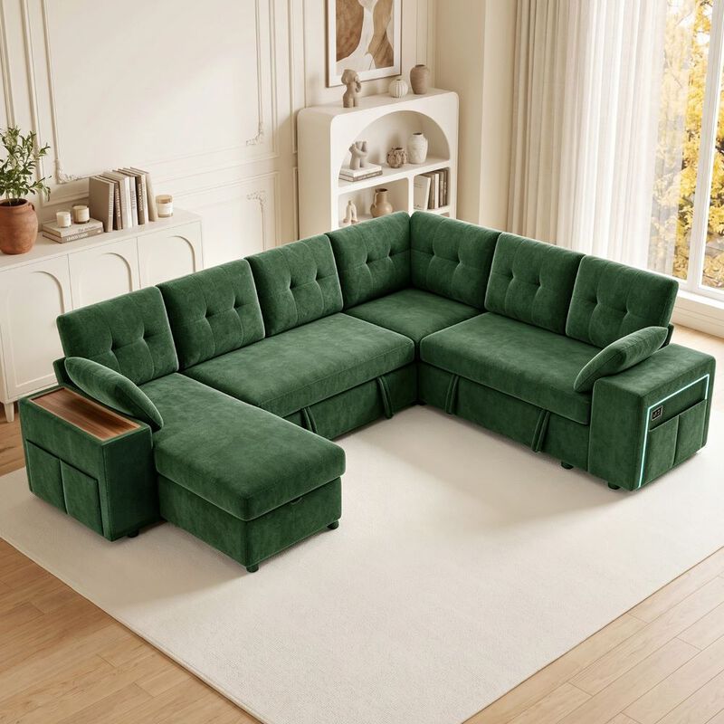 Vipbear 112" U-Shaped 7-Seat Modular Chenille Sectional Sleeper Sofa, Pull Out Bed Reclining Couch image number 7